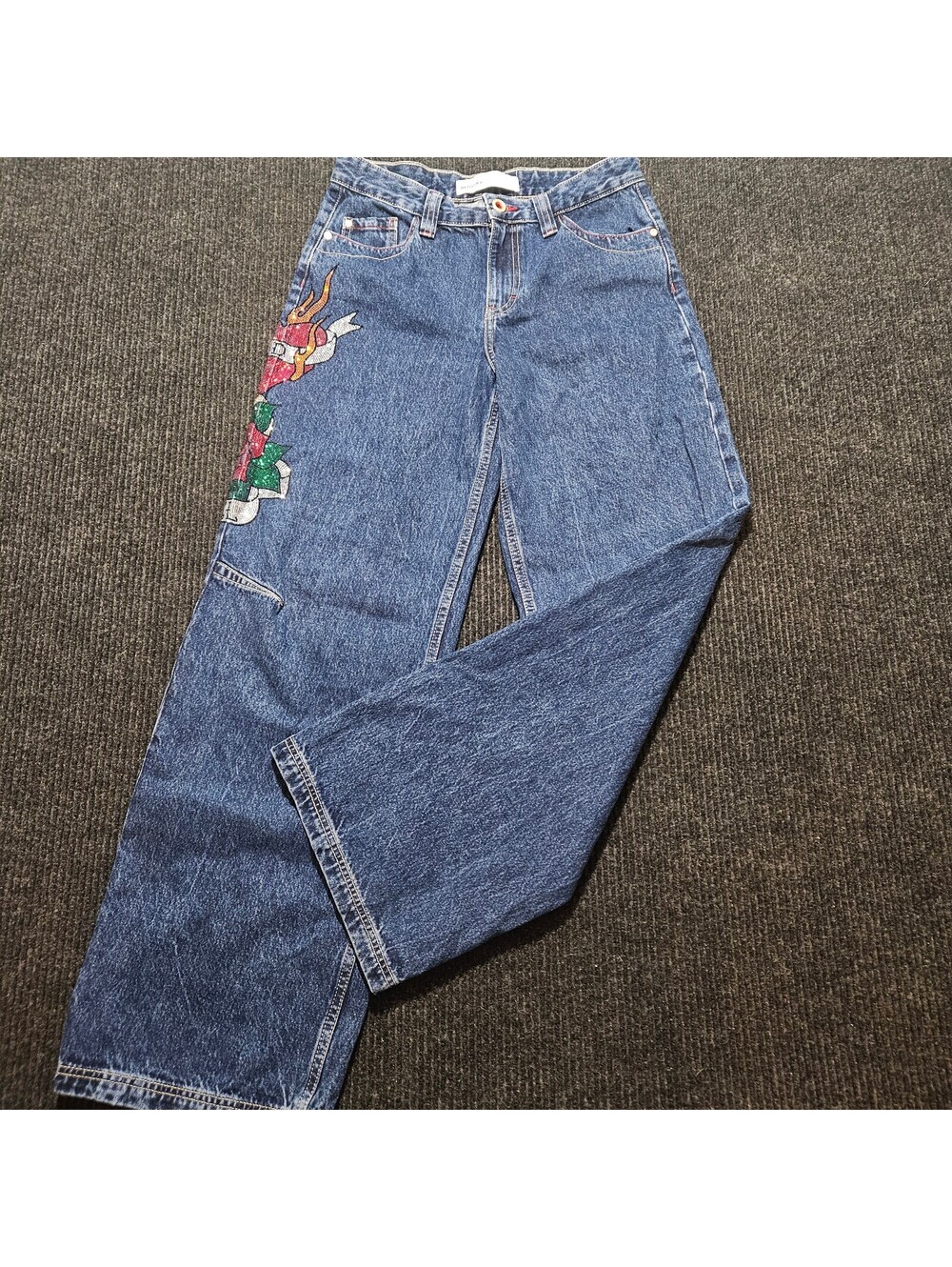 Bershka Wide Leg Boyfriend Jeans with Rhinestone Tattoo Print, Size 4